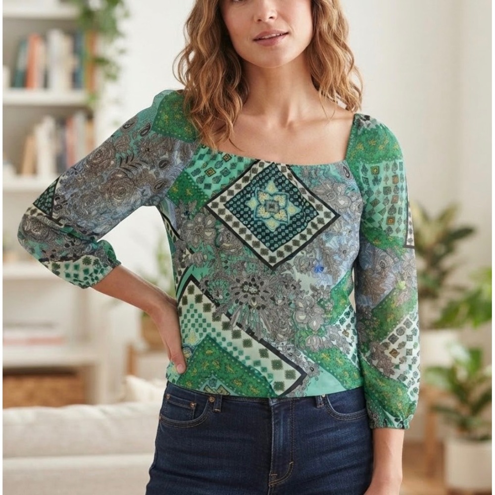 Soho New York & Company Green Patchwork Paisley 3/4 Sleeve Blouse Womens‎ Medium